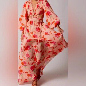 Miguelina Leonie Maxi Dress Flowy Bishop Sleeve Pink Red Floral Cutout Tie waist
